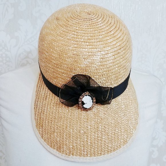 Vintage Straw Hat with Long Bill and Cameo Accent - Picture 2 of 5